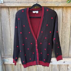 VTG black red polka dot HEIRLOOMS cardigan SWEATER Size Small V-neck